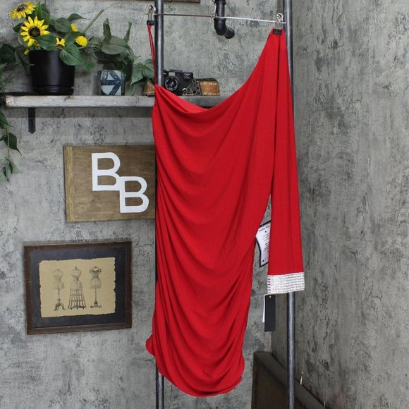 NWT City Studios Plus Size One-Shoulder Bodycon Dress 8415AC9PD1 1X Cherry Red - Picture 2 of 5